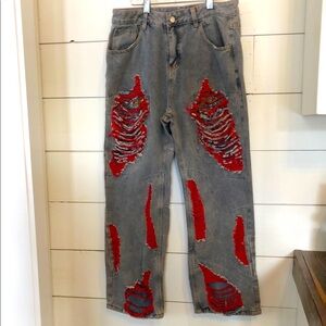 Unbranded Youth Jeans Destroyed Red Threads Size XXL Embroidered